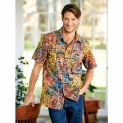 Best deal 💯 Vermont Country Store Orton Brothers Block-Print Camp 👕 Shirt Blue Multi 🤩