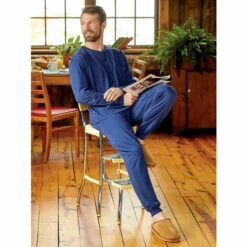 Budget 🎁 Vermont Country Store Men's Cotton Knit Ski Pajamas Navy 🥰 -Cheap Mens Clothing Shop unnamed file 493