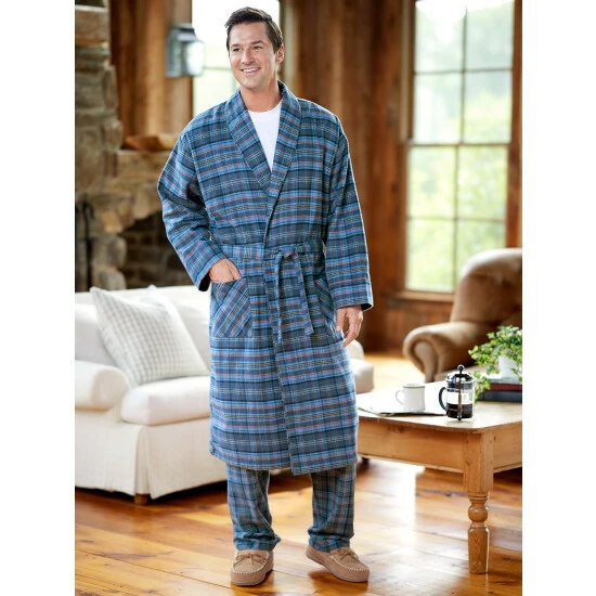 New 🎁 Vermont Country Store Men's Orton Plaid Portuguese Flannel Wrap Robe ⌛ 4 New 🎁 Vermont Country Store Men's Orton Plaid Portuguese Flannel Wrap Robe ⌛ - Image 4
