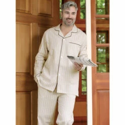Promo โค๏ธ Vermont Country Store Men's Striped Cotton Seersucker Long Pajamas Navy โ