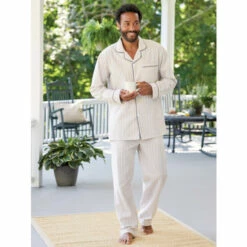 Promo ❤️ Vermont Country Store Men's Striped Cotton Seersucker Long Pajamas Navy ⌛ -Cheap Mens Clothing Shop unnamed file 547
